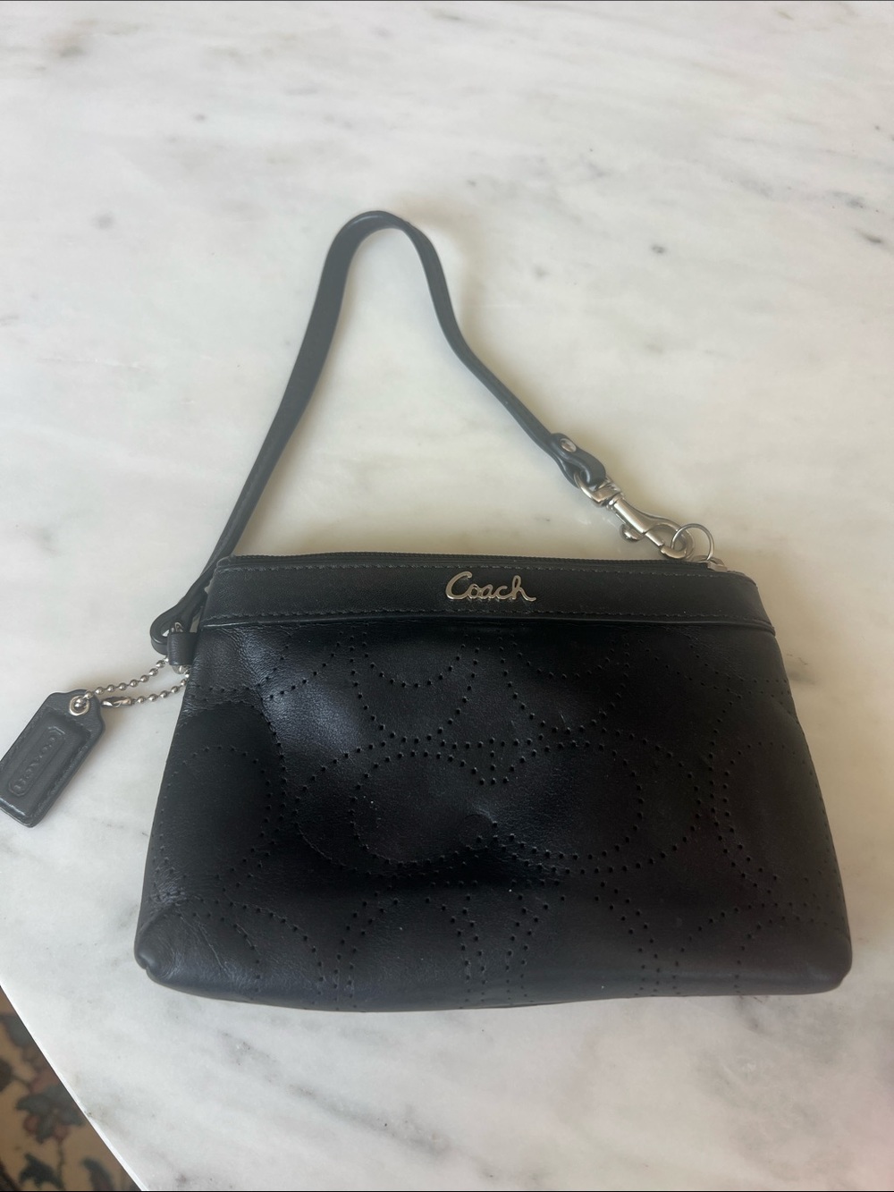 Coach Black Perforated Leather Wristlet with Silver Accent